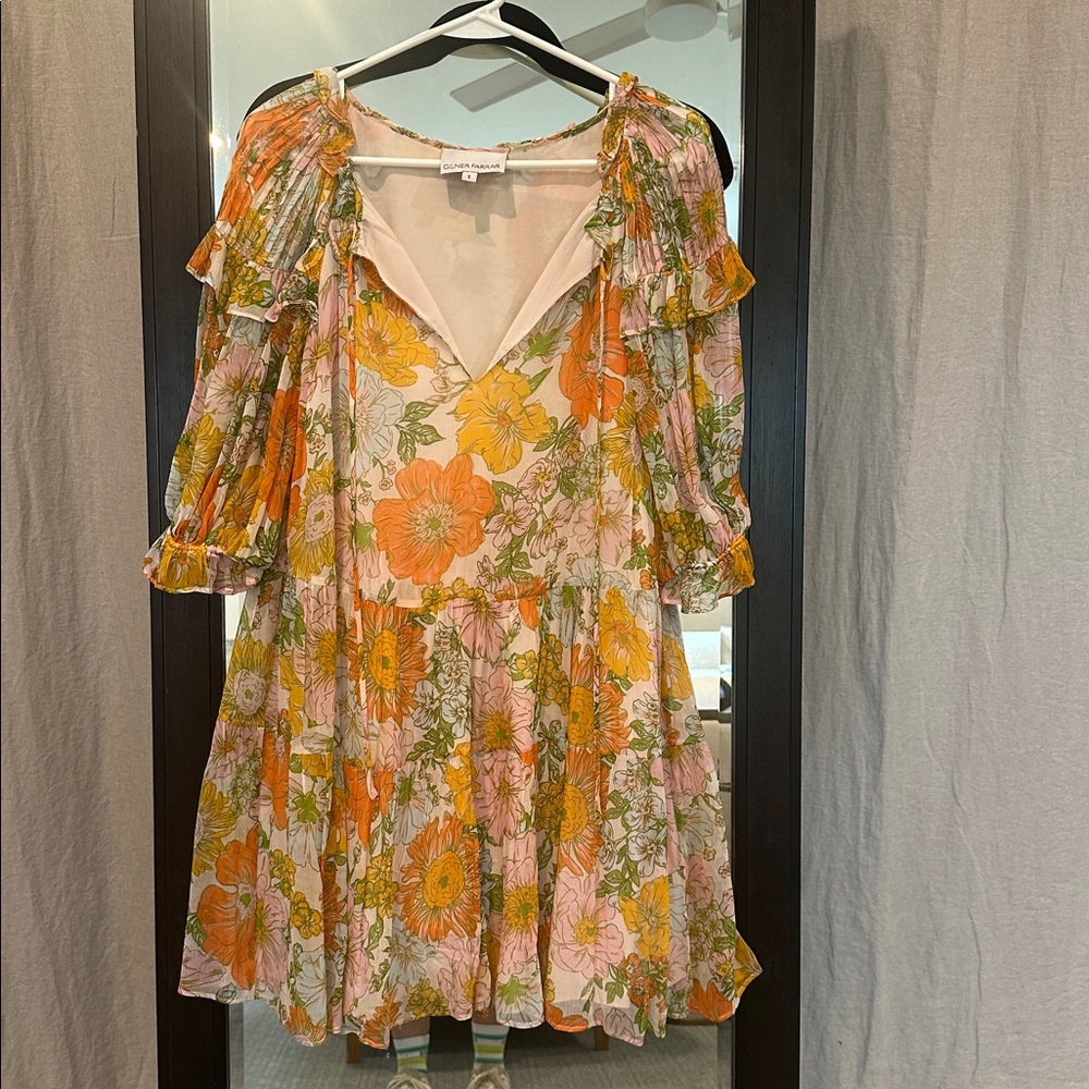 Floral V-Neck Midi Dress in Pink and Orange